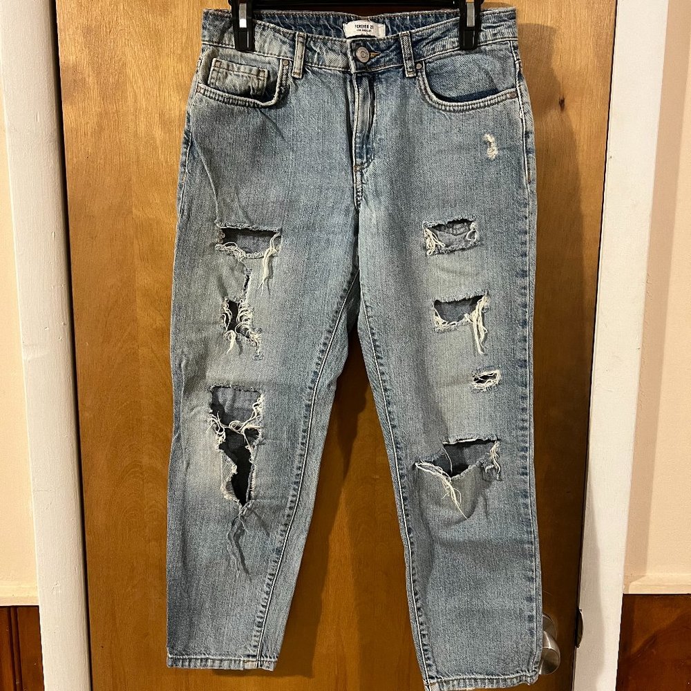 Forever 21 Los Angeles Women's Blue Distressed Ripped Mid-Rise Denim Jeans 26
